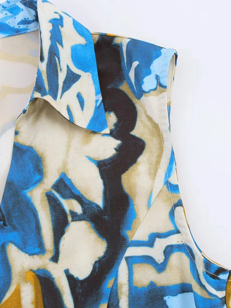 European and American style summer new products women's clothing fashion print sleeveless lapel slit midi dress