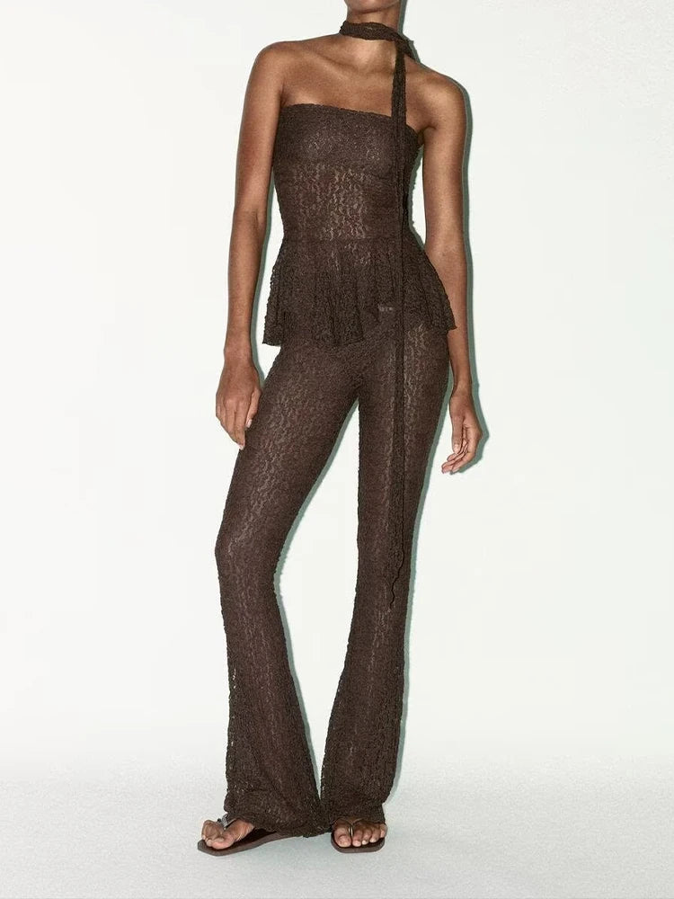 European and American style summer new women's clothing transparent slim scarf decorated with lace top flared pants suit
