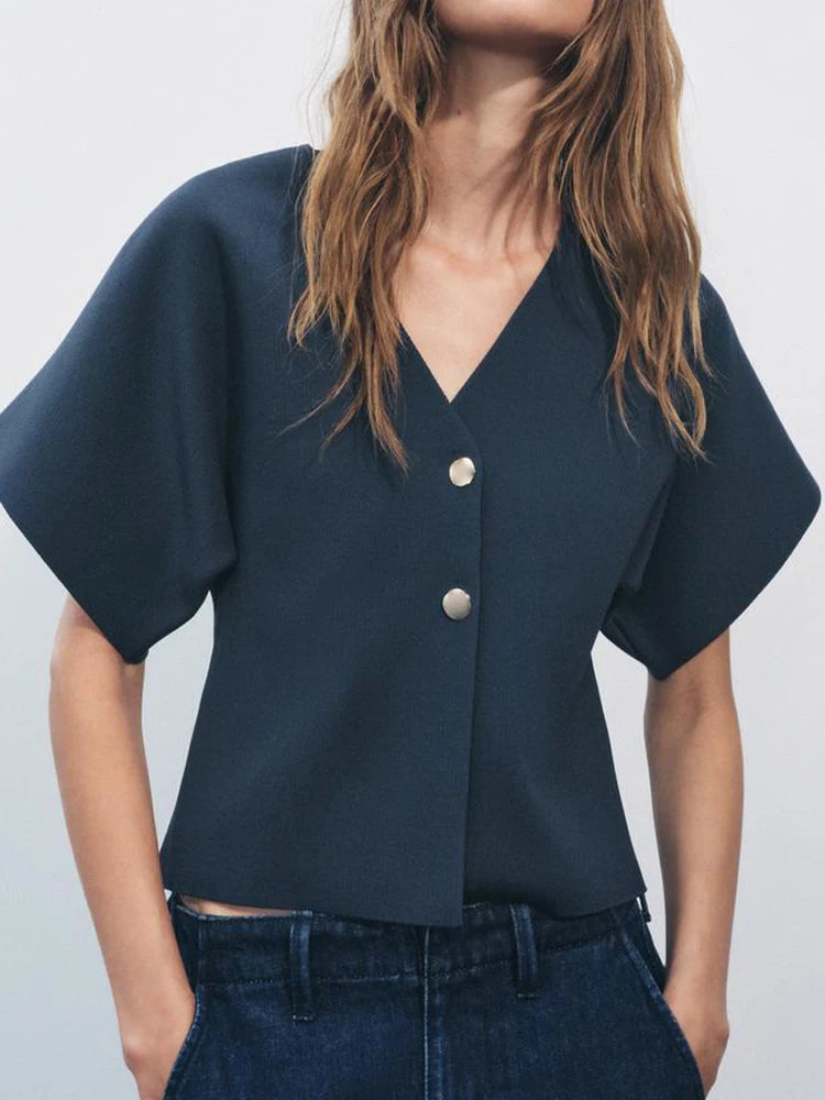 European and American style women's clothing new style versatile single-breasted V-neck plain short-sleeved knitted sweater