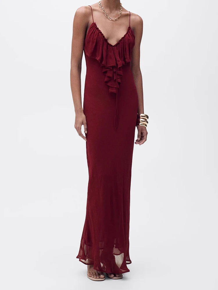 European and American style women's clothing new style fashionable temperament ruffled sling long V-neck dress