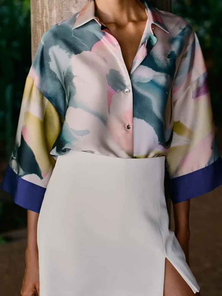 European and American style spring new fashion women's clothing printed silk satin texture fashion lapel casual long-sleeved shi