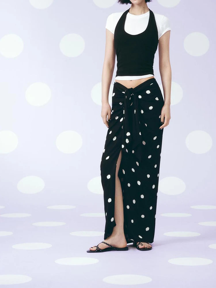 European and American style summer new women's clothing fashionable bow-decorated polka dot print mid-waist slit skirt