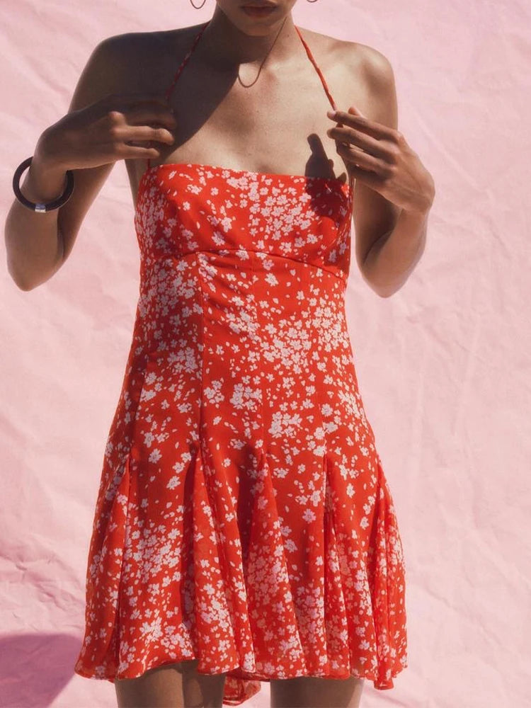 European and American style Summer new products Women's clothing Fashion halter neck wavy wide hem printed dress