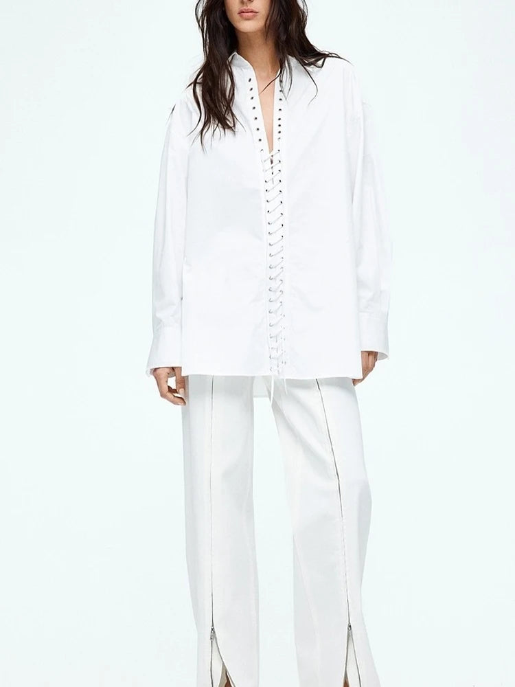 New European and American style spring women's clothing, fashionable and versatile solid color long-sleeved lace-up shirts