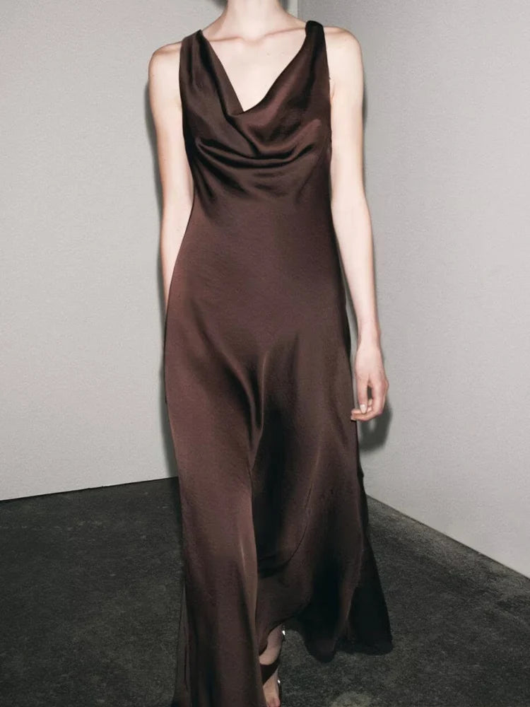 European and American style spring new women's fashion trend temperament satin texture draped collar backless dress