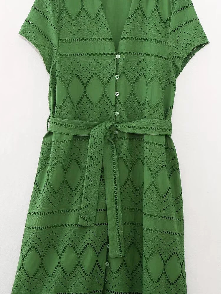 European and American style summer new women's clothing French retro hollow embroidery shirt-style short-sleeved dress