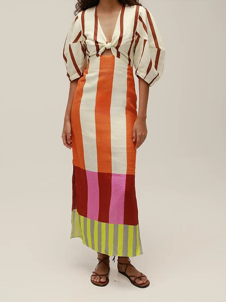 European and American style new women's fashion color matching striped slit bow decoration puff sleeve V-neck dress long skirt