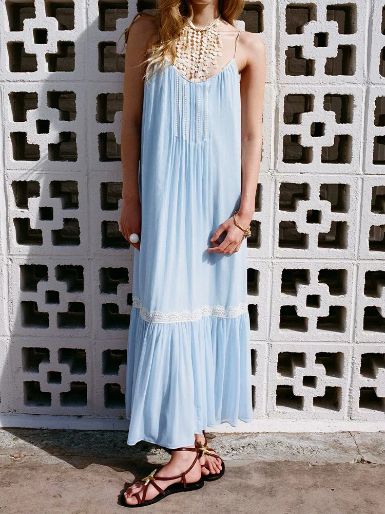 European and American style summer new products women's clothing fashionable lined V-neck thin sling drape dress