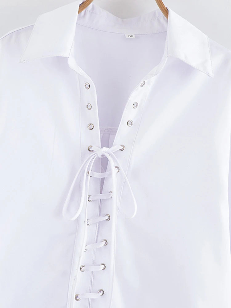 New European and American style spring women's clothing, fashionable and versatile solid color long-sleeved lace-up shirts