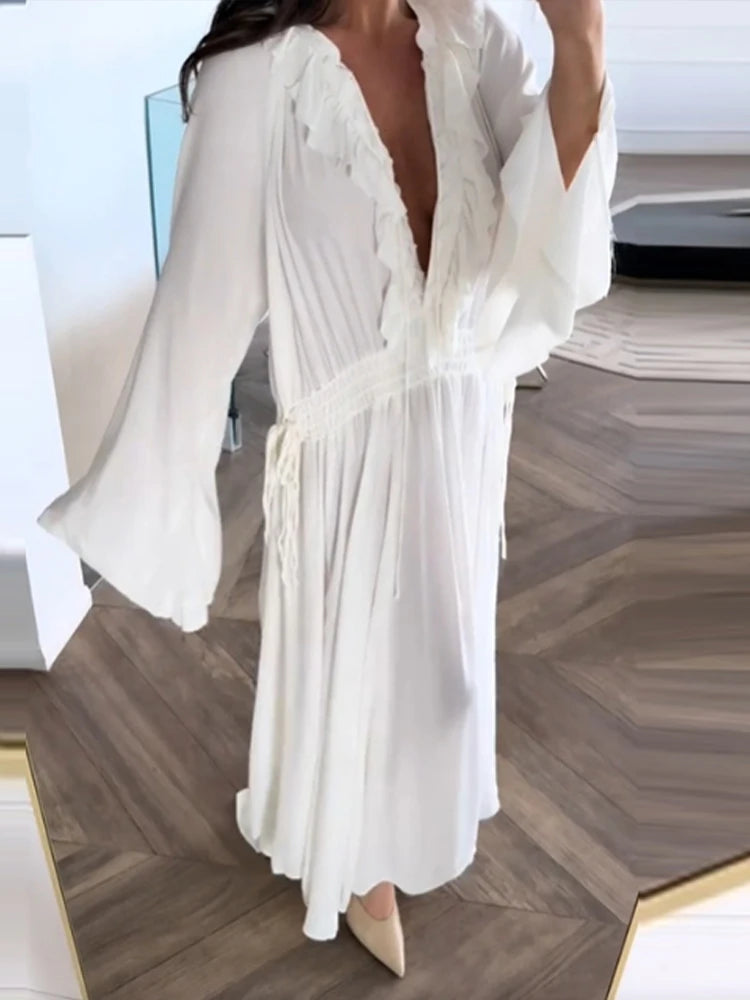 European and American style women's clothing summer new style fashionable casual ruffled tie drawstring long sleeve dress