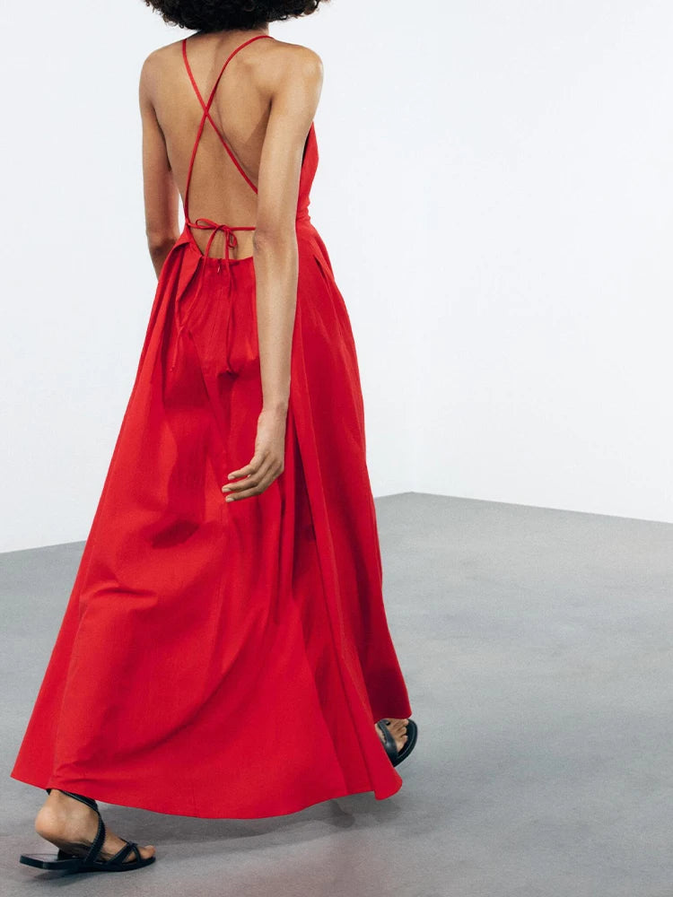 European and American style women's summer new fashion temperament red sexy backless v-neck temperament long dress
