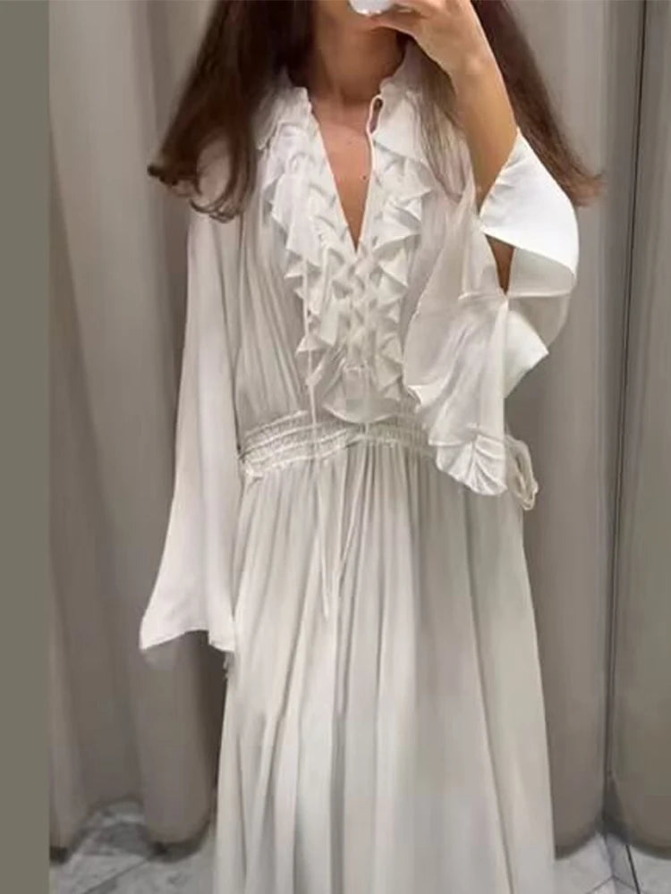 European and American style women's clothing summer new style fashionable casual ruffled tie drawstring long sleeve dress