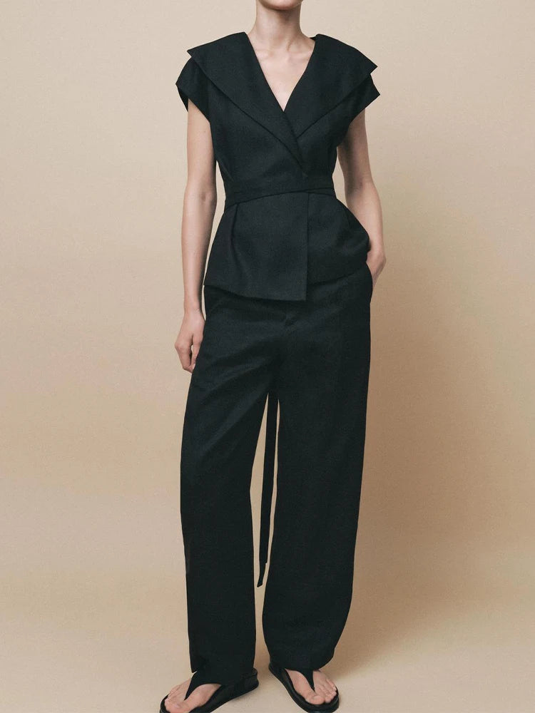 Summer New Arrivals Women's Clothing Linen Blend Lapel Sleeveless Drop Shoulder Vest Mid-Rise Straight Pants Set
