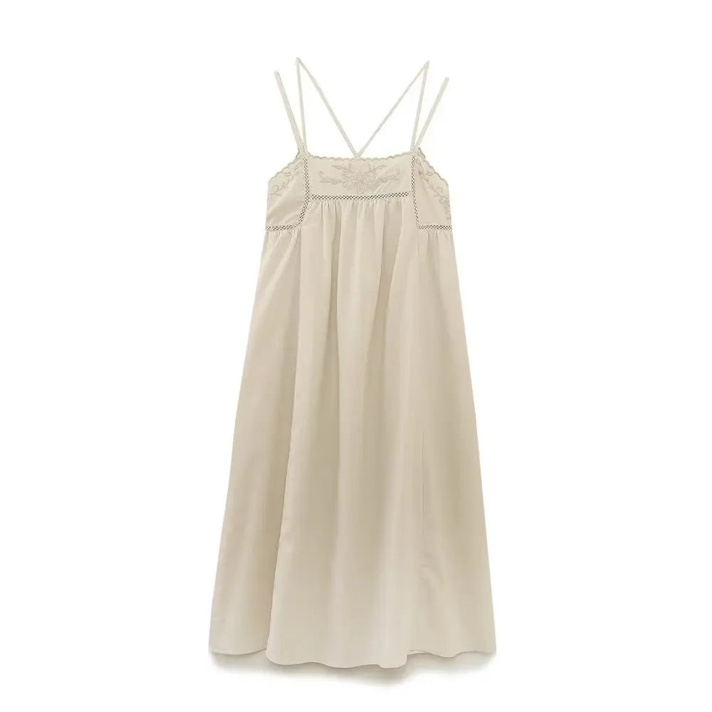 European and American style women's summer new style casual embroidered linen blended midi suspender dress