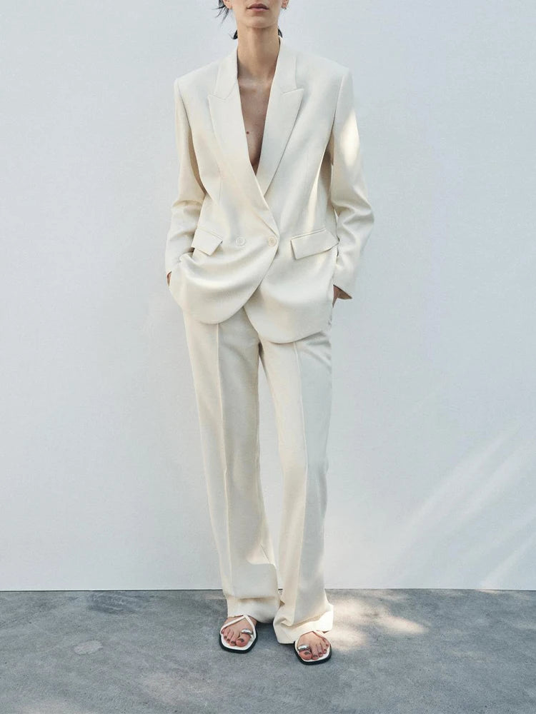 New women's double-breasted commuter long-sleeved suit jacket with ridged decoration, simple loose flared pants