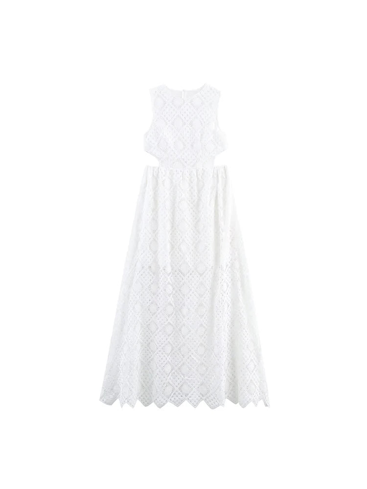 Summer new women's holiday style elegant waist open round neck sleeveless water-soluble embroidered long skirt