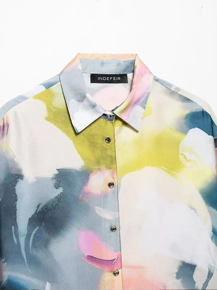 European and American style spring new fashion women's clothing printed silk satin texture fashion lapel casual long-sleeved shi