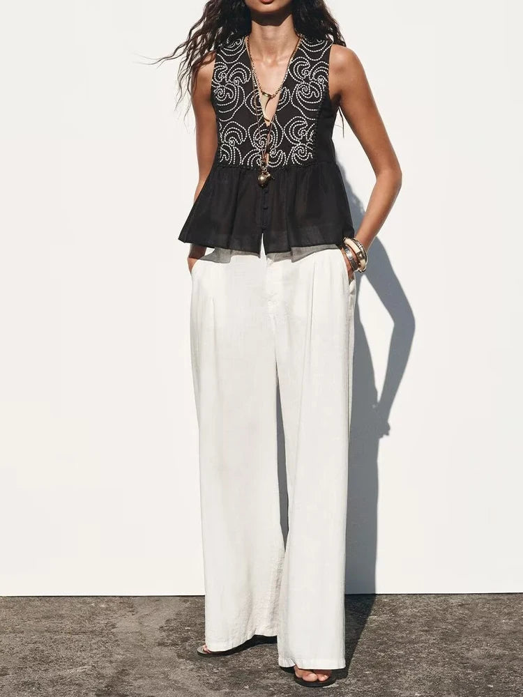 European and American style Summer new products Women's clothing Holiday style lace embroidery V-neck sleeveless shirt