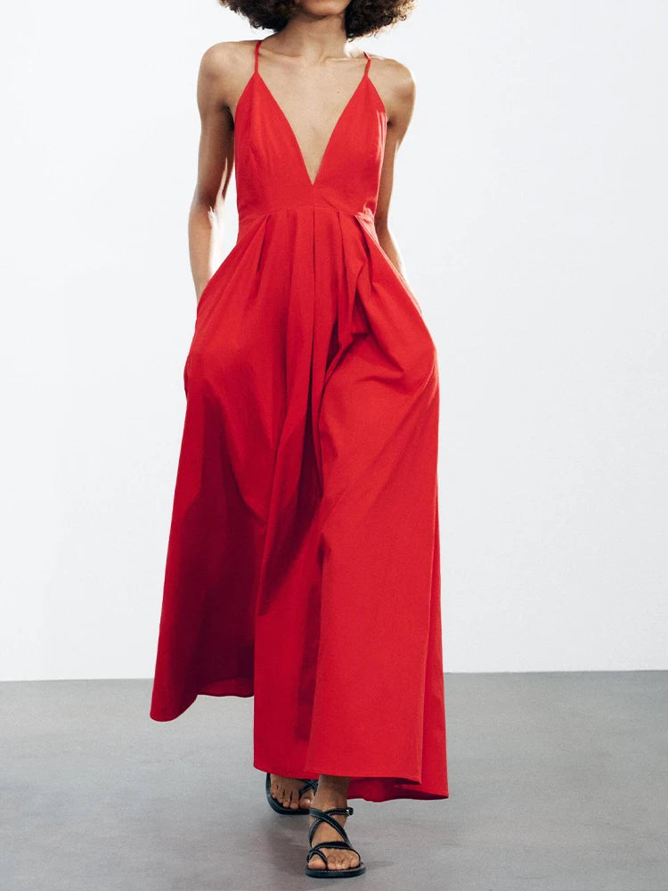 European and American style women's summer new fashion temperament red sexy backless v-neck temperament long dress