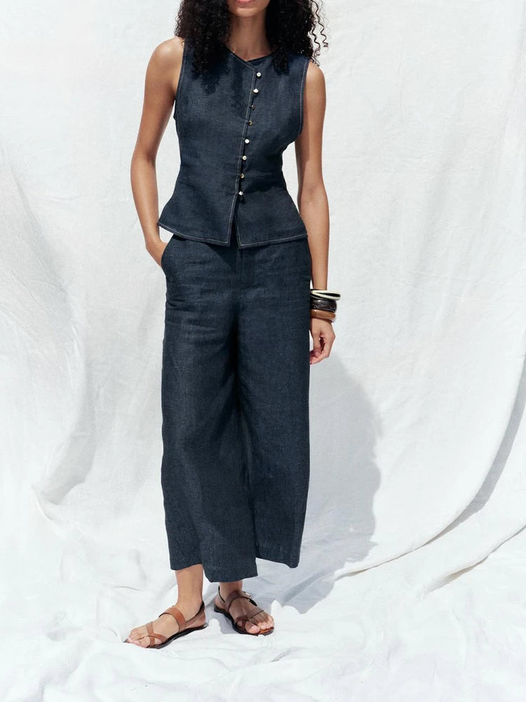 European and American style summer new products Women's linen temperament double-breasted round-neck sleeveless vest trousers