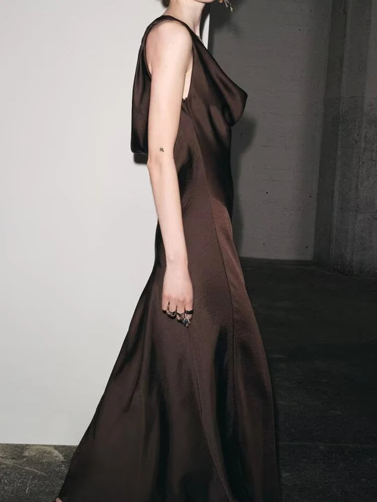 European and American style spring new women's fashion trend temperament satin texture draped collar backless dress
