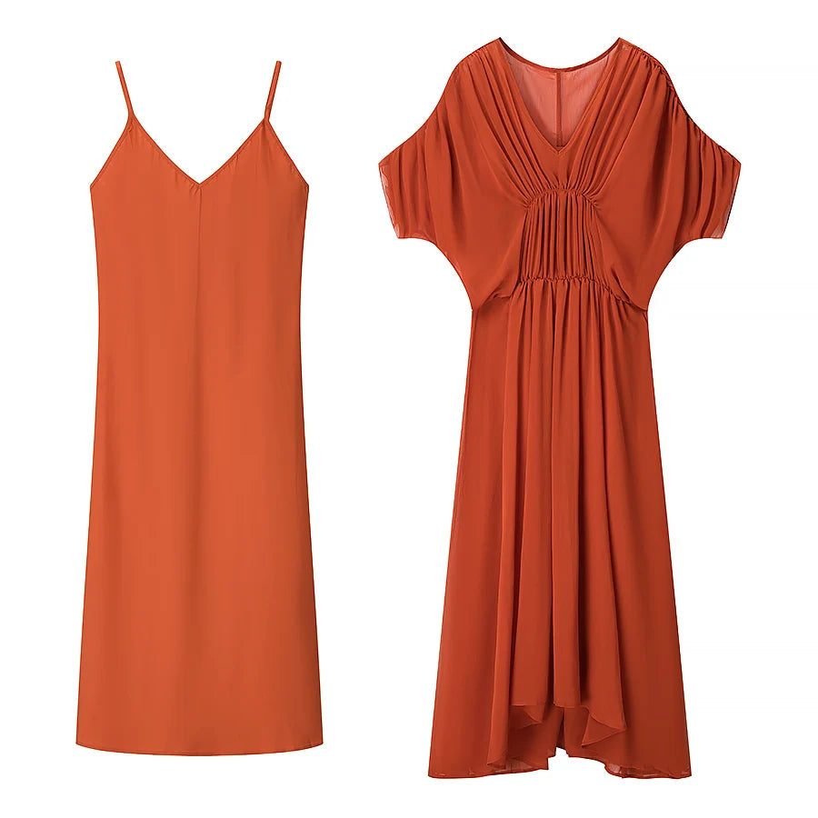 European and American style summer women's clothing new style fashionable cape-style sleeves V-neck pleated midi dress
