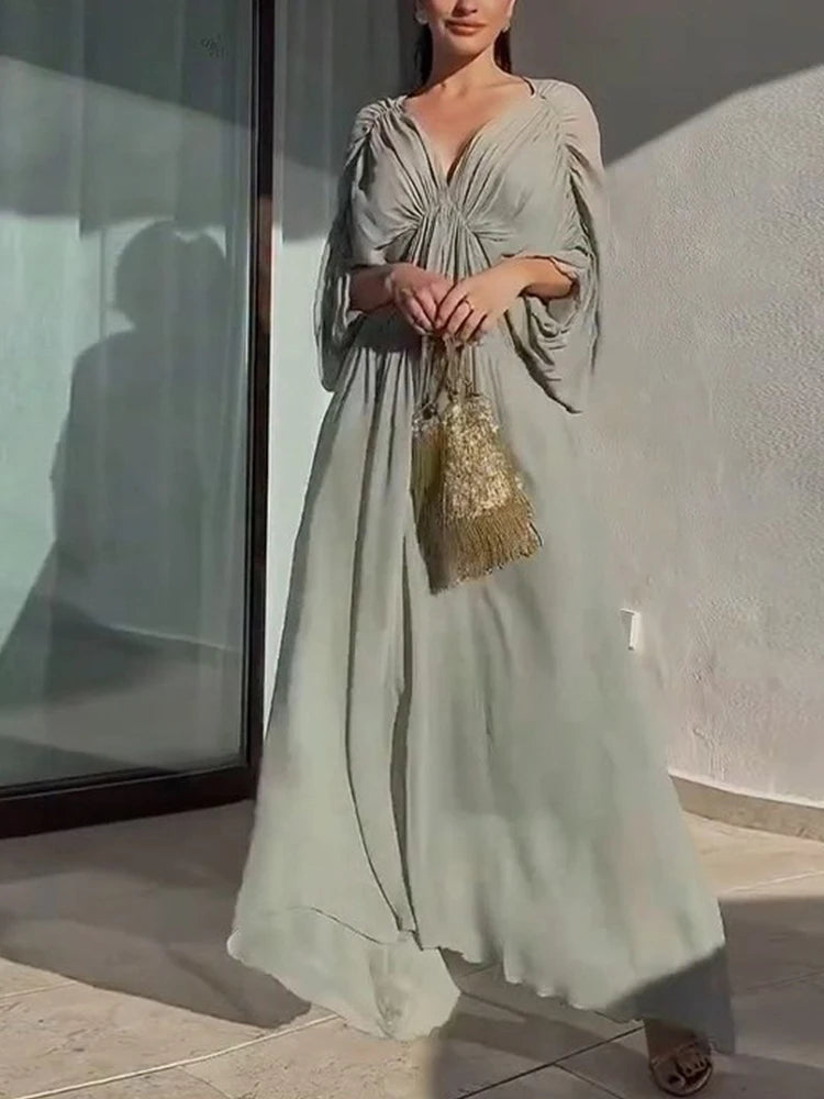 European and American style summer women's clothing new style fashionable cape-style sleeves V-neck pleated midi dress