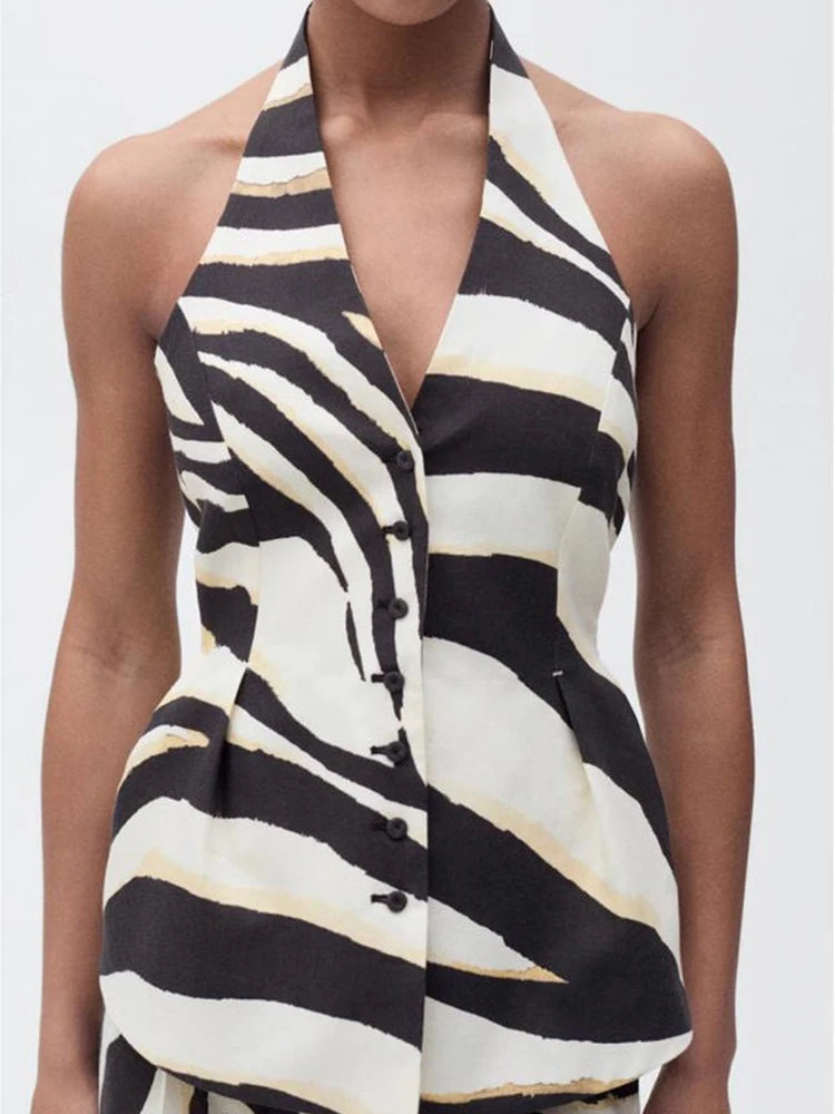 European and American style summer new women's blended V-neck halter neck backless zebra pattern A-line vest
