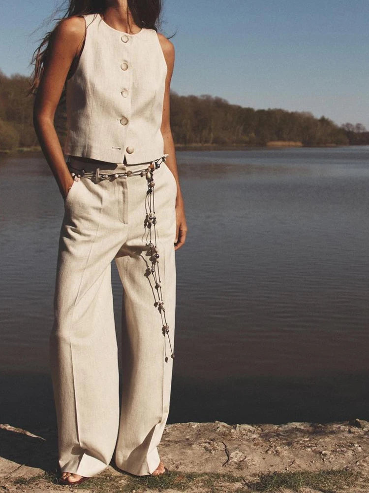 European and American style Summer new products Women's herringbone twill sleeveless round neck vest vest trousers