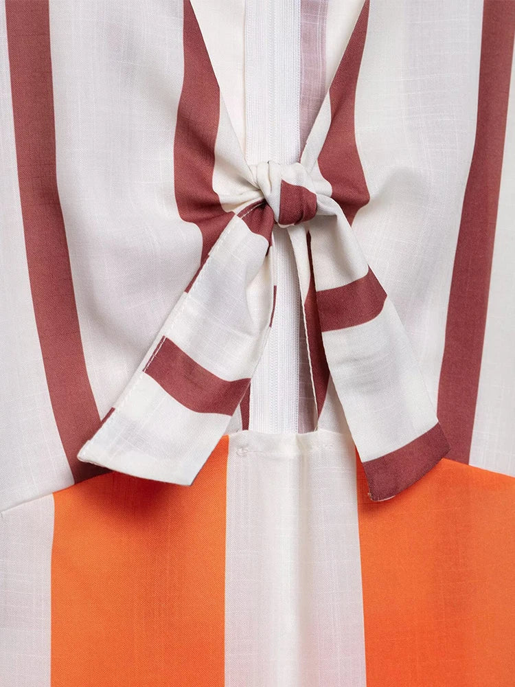 European and American style new women's fashion color matching striped slit bow decoration puff sleeve V-neck dress long skirt
