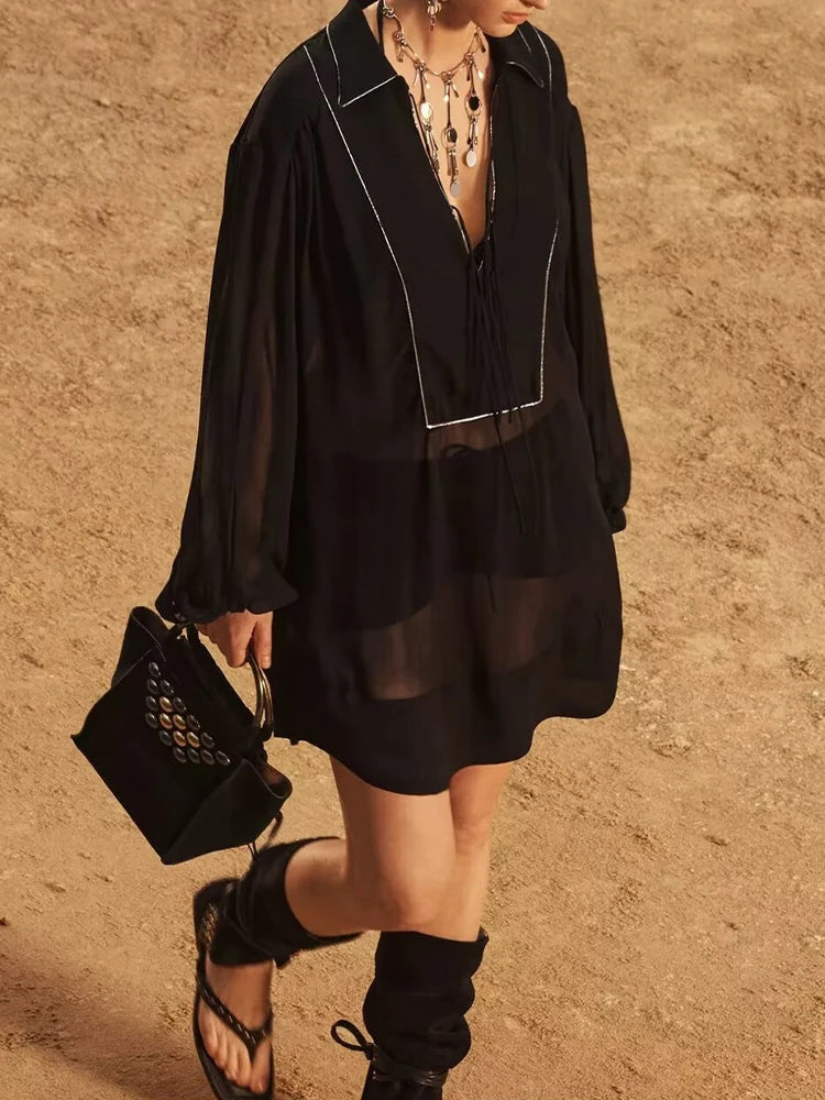 Spring new women's clothing European and American fashion all-match translucent lapel long sleeve long shirt