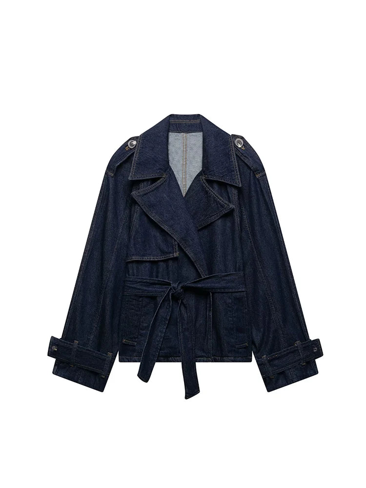 European and American style women's clothing new fashion trend leisure belt short wide version design denim windbreaker