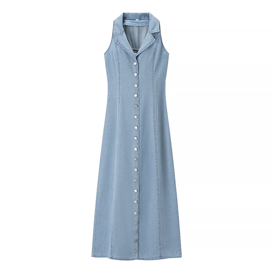 Summer new women's clothing European and American fashion simple solid color lapel single-breasted sleeveless denim dress