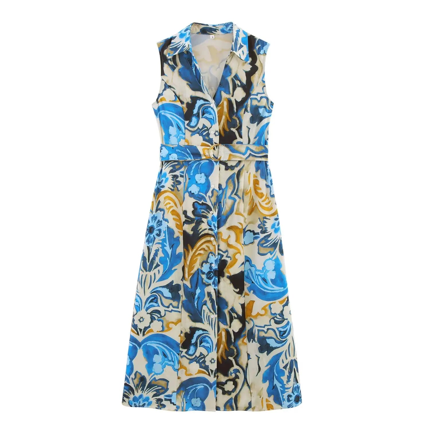 European and American style summer new products women's clothing fashion print sleeveless lapel slit midi dress