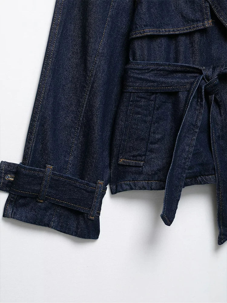 European and American style women's clothing new fashion trend leisure belt short wide version design denim windbreaker