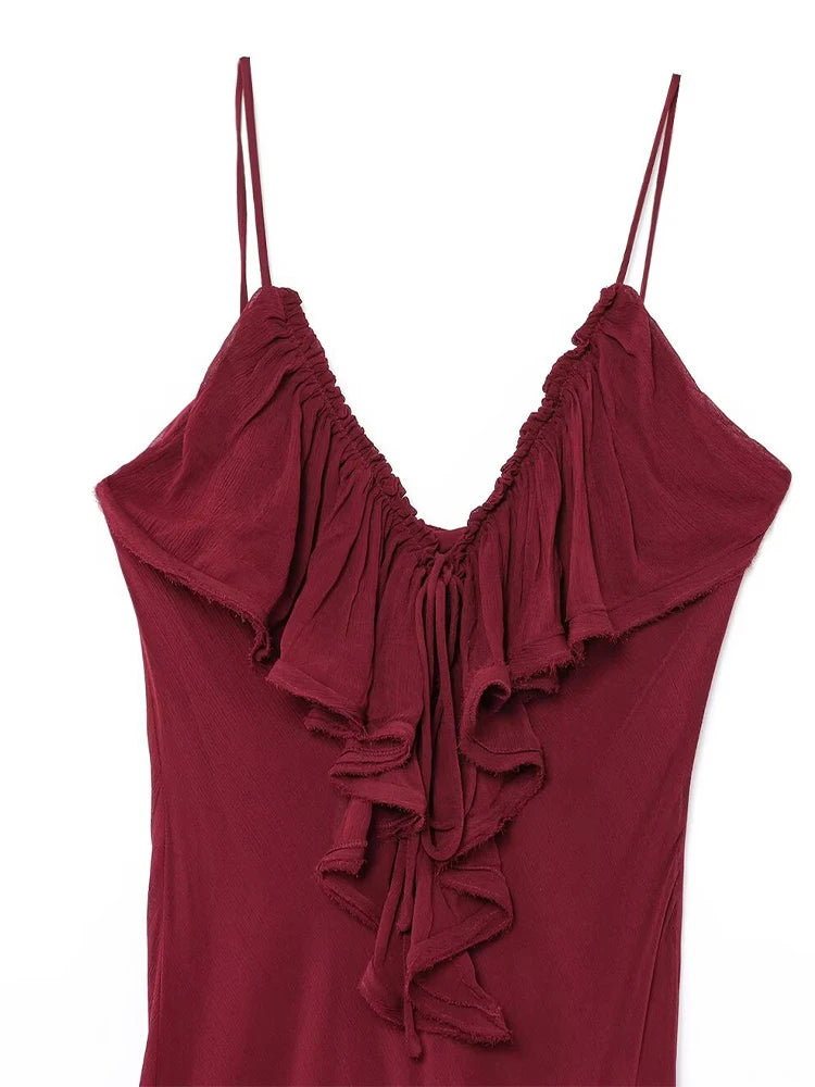 European and American style women's clothing new style fashionable temperament ruffled sling long V-neck dress